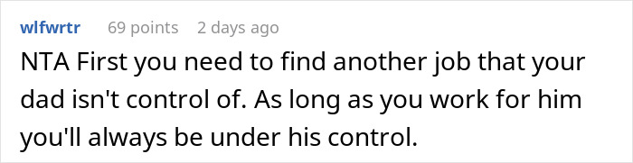Reddit comment advising a daughter to find another job, emphasizing financial independence from parents. Reddit comment advising a daughter to find another job, emphasizing financial independence from parents.
