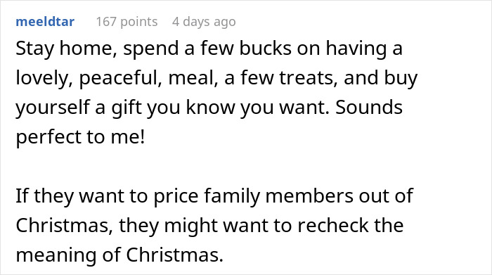 Screenshot of a comment discussing skipping a family Xmas due to gift expenses. Screenshot of a comment discussing skipping a family Xmas due to gift expenses.