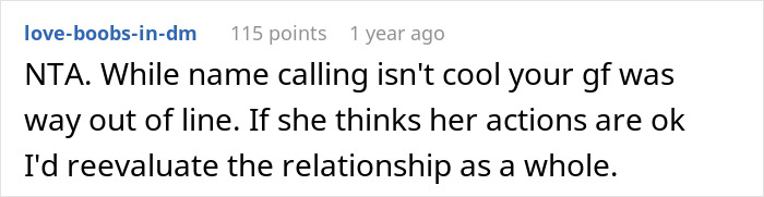 Reddit comment discussing name-calling and relationship dynamics.