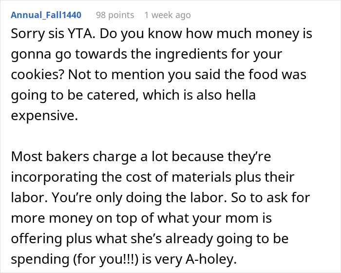 Text comment discussing daughter charging parents for Christmas cookies, citing costs and efforts involved. Text comment discussing daughter charging parents for Christmas cookies, citing costs and efforts involved.