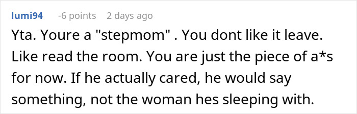 Reddit comment discussing a conflict involving a stepmom and ex-husband, with negative tone. Reddit comment discussing a conflict involving a stepmom and ex-husband, with negative tone.