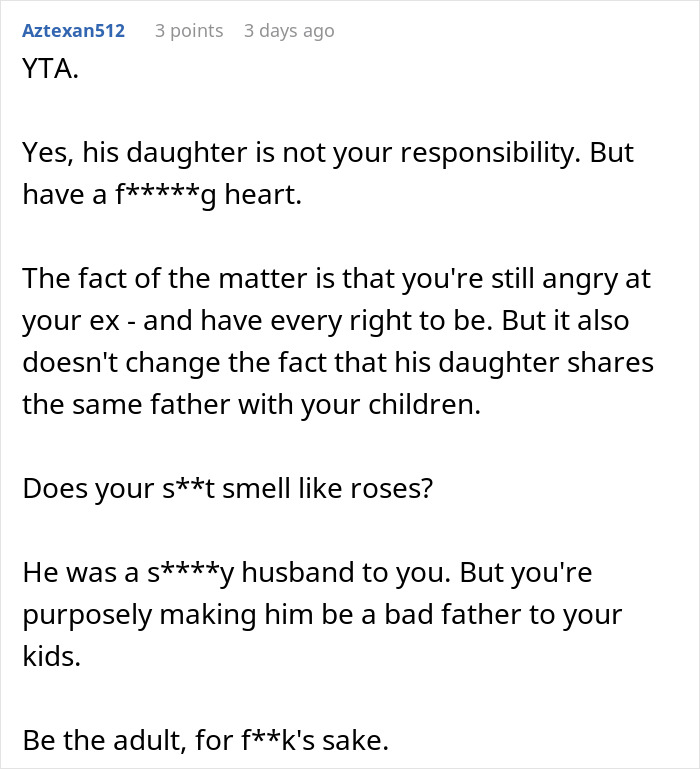 Reddit comment discussing responsibility for ex's affair child, focusing on the importance of being the adult. Reddit comment discussing responsibility for ex's affair child, focusing on the importance of being the adult.
