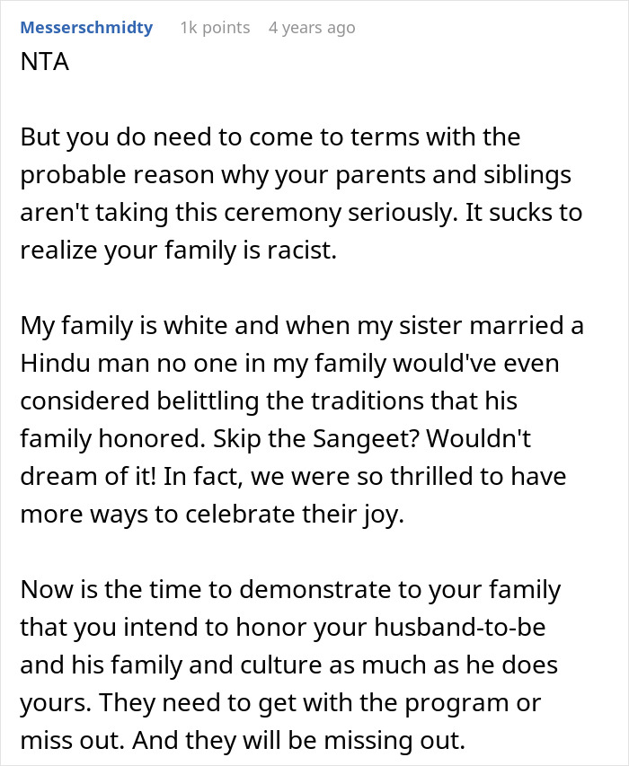 Screenshot of a comment discussing cultural respect in the context of a bride's wedding and family traditions. Screenshot of a comment discussing cultural respect in the context of a bride's wedding and family traditions.