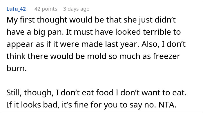 Reddit comment discussing hesitation about eating a Thanksgiving dish that might have been made the previous year.