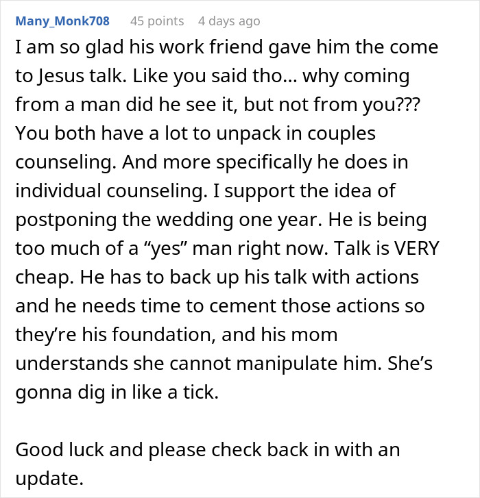 Screenshot of a comment discussing wedding dress preferences and the suggestion of postponing the wedding.