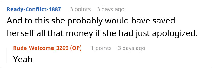 Reddit discussion on Karen parking in driveways, with comments about the consequences of a lack of apology.