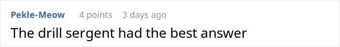 Reddit comment about a drill sergeant praised for having the best answer in a camp setting prank discussion.