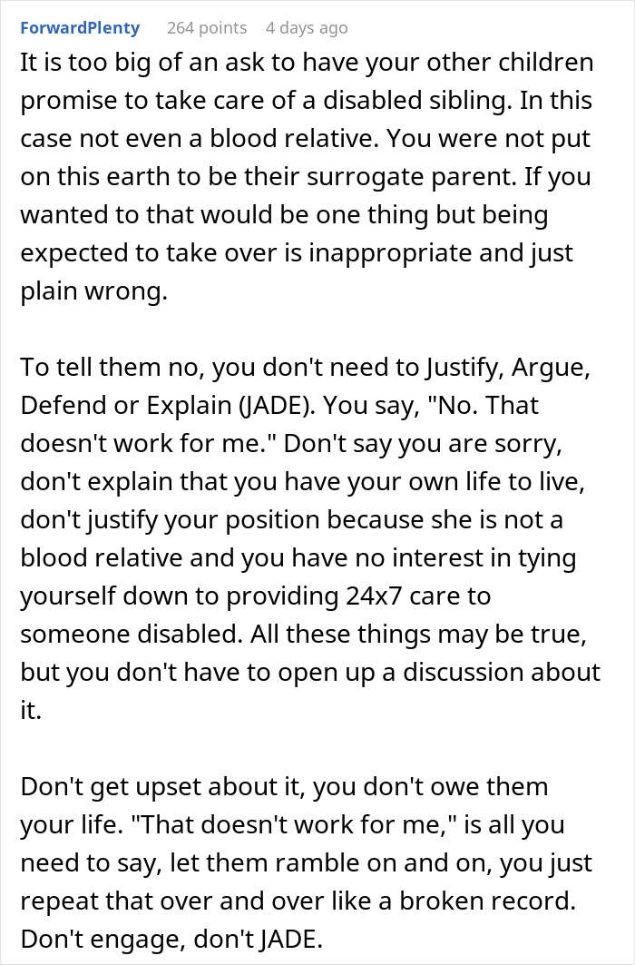 Text discussing unrealistic expectations of teens caring for disabled stepsister.