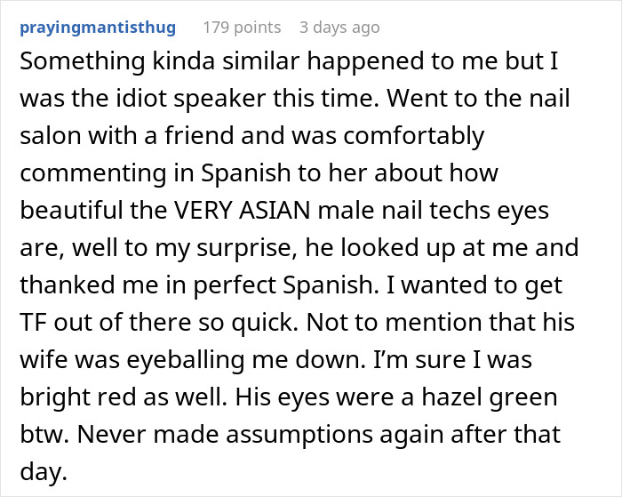 Text screenshot sharing a story about assumptions and cultural interactions. Text screenshot sharing a story about assumptions and cultural interactions.