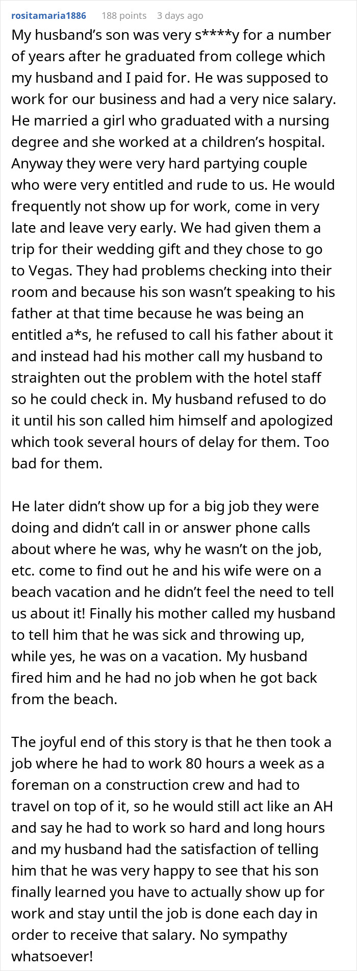 A relative forgets a Christmas present for the host, resulting in a canceled gifted vacation as described in a story.