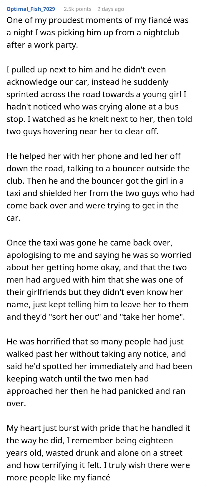 Text post about a woman's changing opinion of her boyfriend due to his actions to help a girl at a bus stop. Text post about a woman's changing opinion of her boyfriend due to his actions to help a girl at a bus stop.