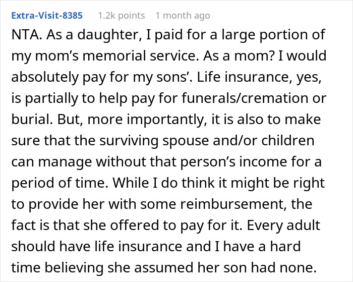 Text comment discussing life insurance for funeral costs and family support. Text comment discussing life insurance for funeral costs and family support.
