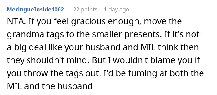 Text response discussing frustration with MIL placing her tags on gifts she didn't buy.