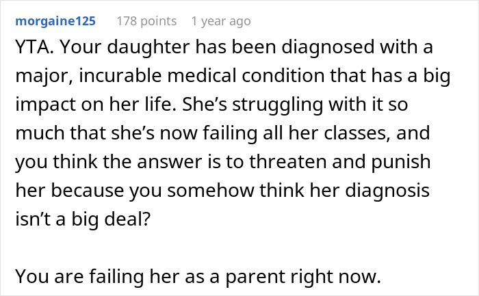 Comment criticizing mom for ignoring daughter's disease impact on chores.