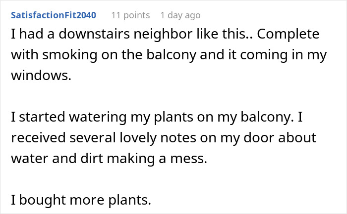 Text screenshot about a noisy neighbor conflict over smoking and plants.