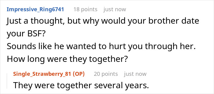 Reddit conversation about a brother dating someone's best friend, with responses discussing the situation.