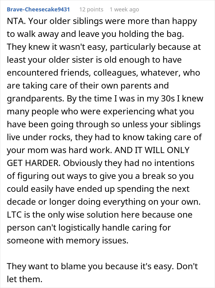 Comment discussing family conflict over care facility decision. Comment discussing family conflict over care facility decision.