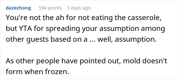 Reddit comment discussing not eating Thanksgiving dish due to suspicion, addresses mold and freezing.