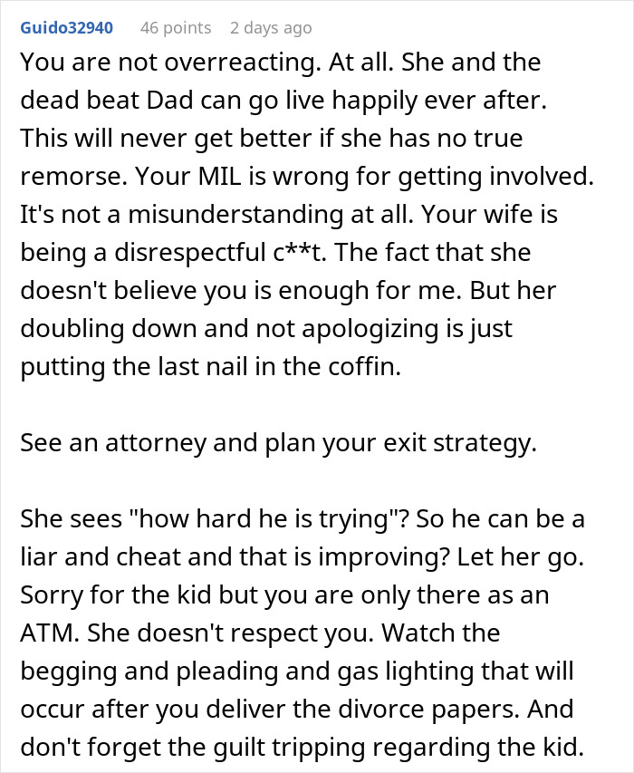 Text supporting husband's claim about wife's lying ex, urging divorce consideration.