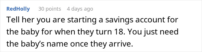 Comment suggesting opening a savings account for baby, requiring name confirmation. Comment suggesting opening a savings account for baby, requiring name confirmation.