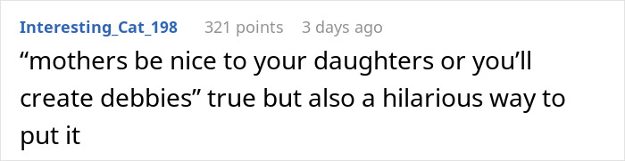 Comment about mothers and daughters creating "debbies," with humor highlighted.