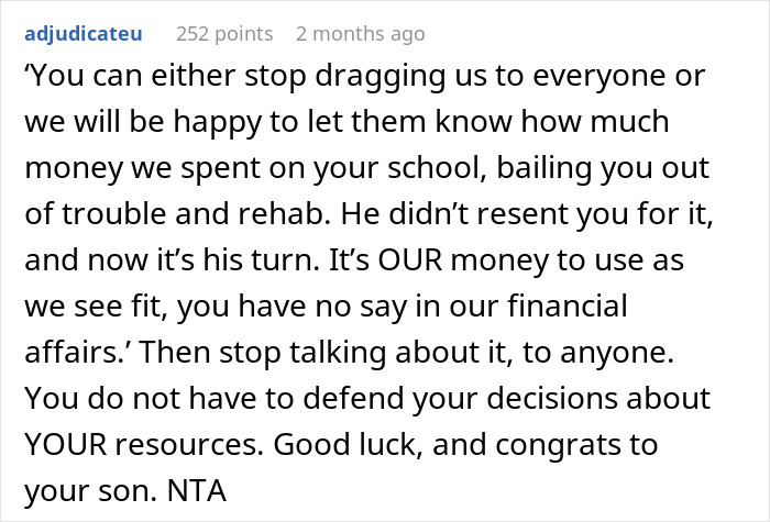 Text response discussing family financial issues and boundaries between siblings. Text response discussing family financial issues and boundaries between siblings.