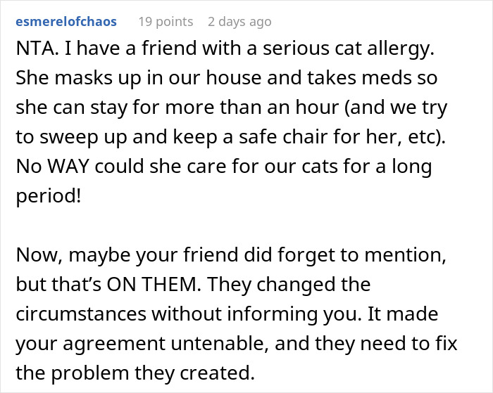 Text discussing allergy challenges with friend's pets and agreements.