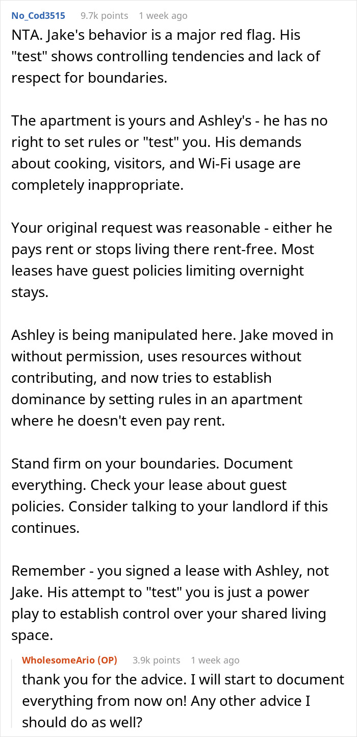 Text exchange on boundaries with roommate&rsquo;s controlling boyfriend trying to move in and set rules.