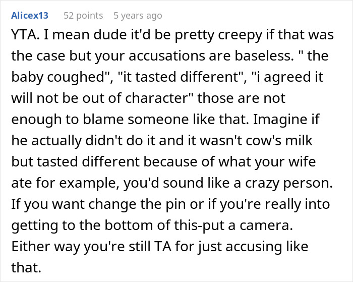 Reddit comment discussing an accusation about replacing refrigerated breast milk with cow milk. Reddit comment discussing an accusation about replacing refrigerated breast milk with cow milk.