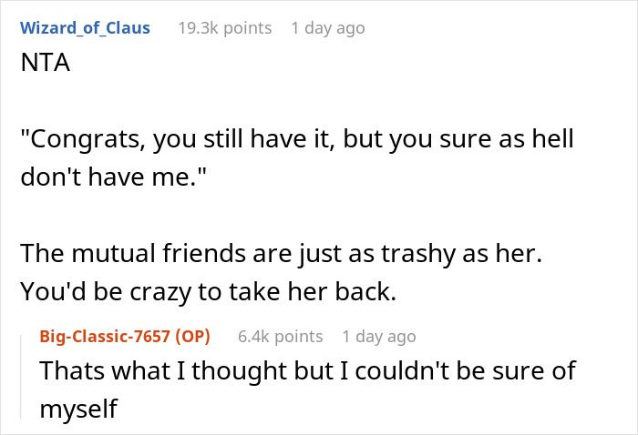Reddit comment thread discussing refusing to take back a cheating girlfriend.