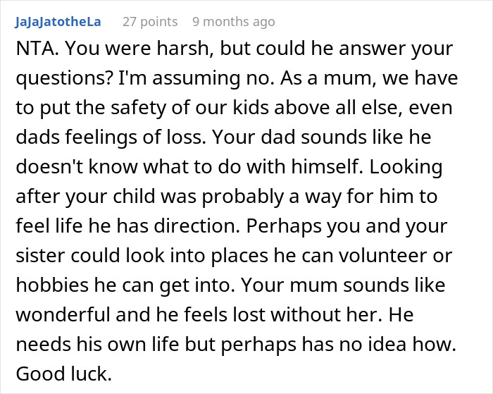 A Reddit comment discussing a dad's incompetence and lack of direction post-retirement, offering advice to his family.