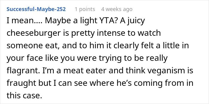 Comment discussing eating a cheeseburger on a date with a vegan, labeled as tactless.