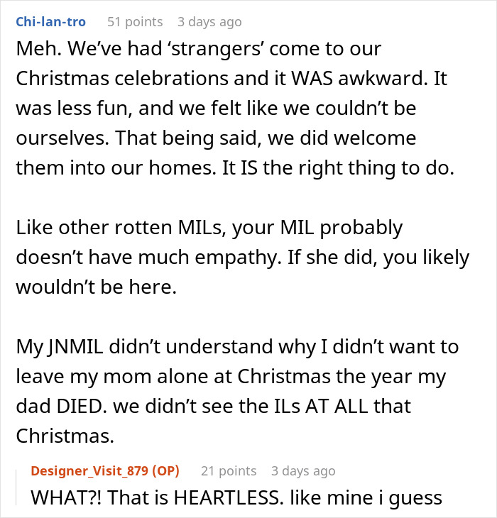 Text conversation discussing MIL's reaction to a Christmas request, highlighting lack of empathy.