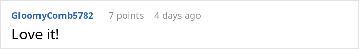 Reddit comment by GloomyComb5782 saying, "Love it!" with 7 points.