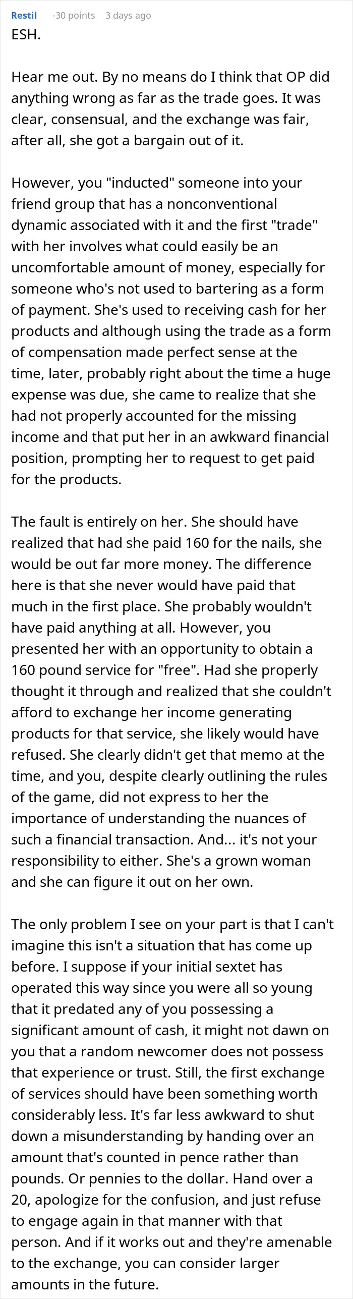 Comment discussing new girl being removed from friend group over money for trading services. Comment discussing new girl being removed from friend group over money for trading services.