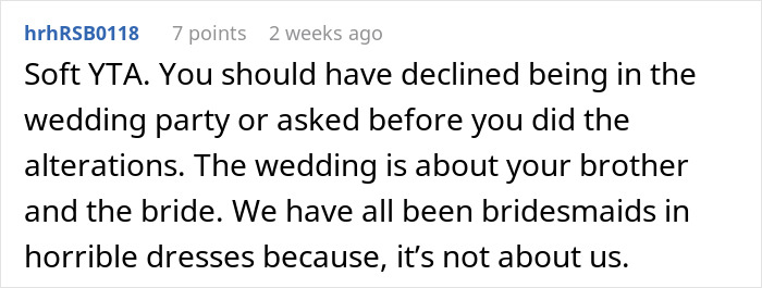 Comment discussing altering bridesmaid dress and being banned from wedding.