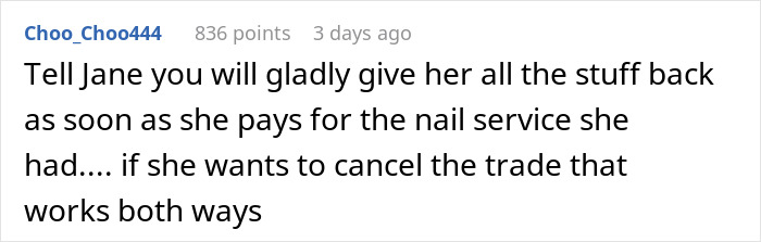 Text comment about a friend transaction involving a nail service and trade reversal. Text comment about a friend transaction involving a nail service and trade reversal.