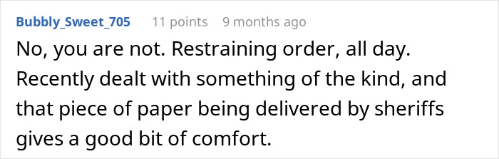 Text message discussing restraining orders related to a stalker, offering comfort with legal action.