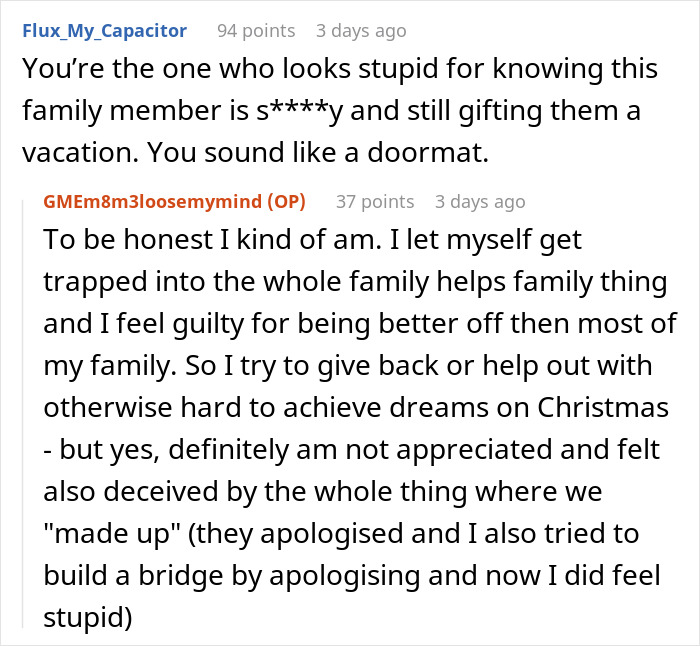 Discussion on family dynamics over a Christmas present and a canceled vacation.