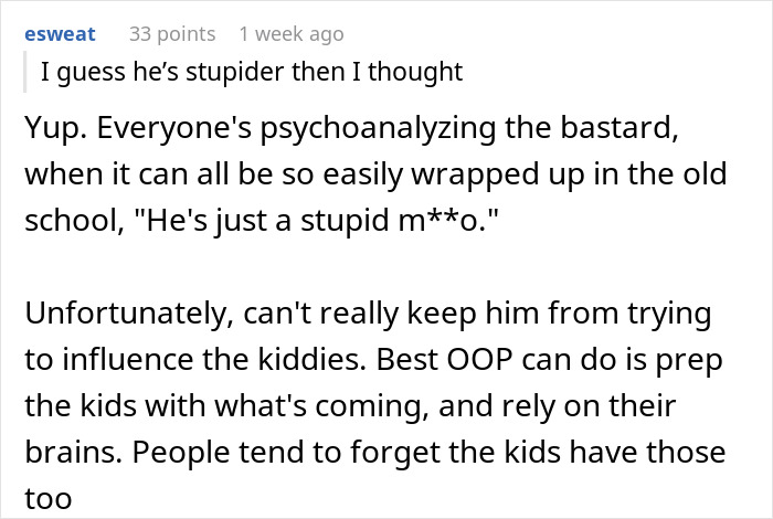 Reddit comment discussing a husband's negative influence and strategies to prepare kids for the situation with their gay aunt.