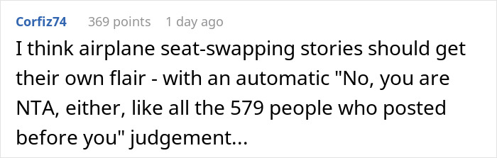 Text screenshot of a Reddit comment discussing airplane seat-swapping stories and judgments in a humorous tone.