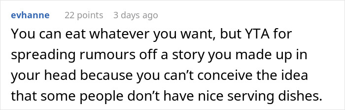 Comment on a Thanksgiving dish discussion, addressing suspicions about the meal's freshness.