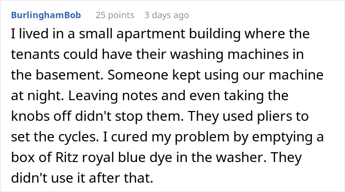 Text story about dealing with apartment washing machine misuse using blue dye as a deterrent.