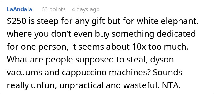 Comment discussing high cost and impracticality of white elephant gift for family Xmas party. Comment discussing high cost and impracticality of white elephant gift for family Xmas party.