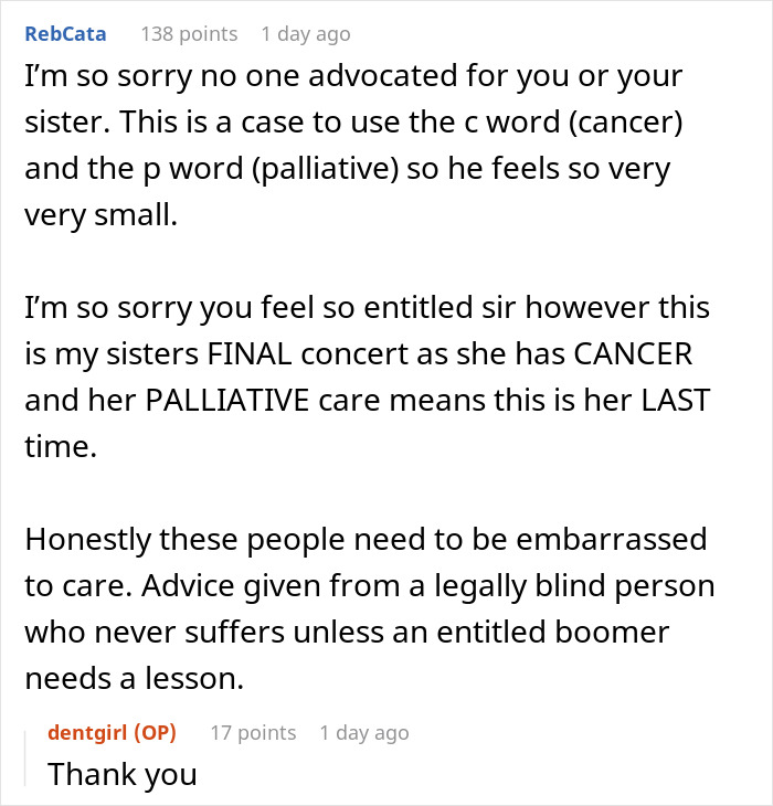 Text exchange discussing a conflict with a boomer about a dying woman's final concert.