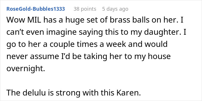 Comment discussing MIL demanding heirloom crib, expressing disbelief and critiquing her assumption.