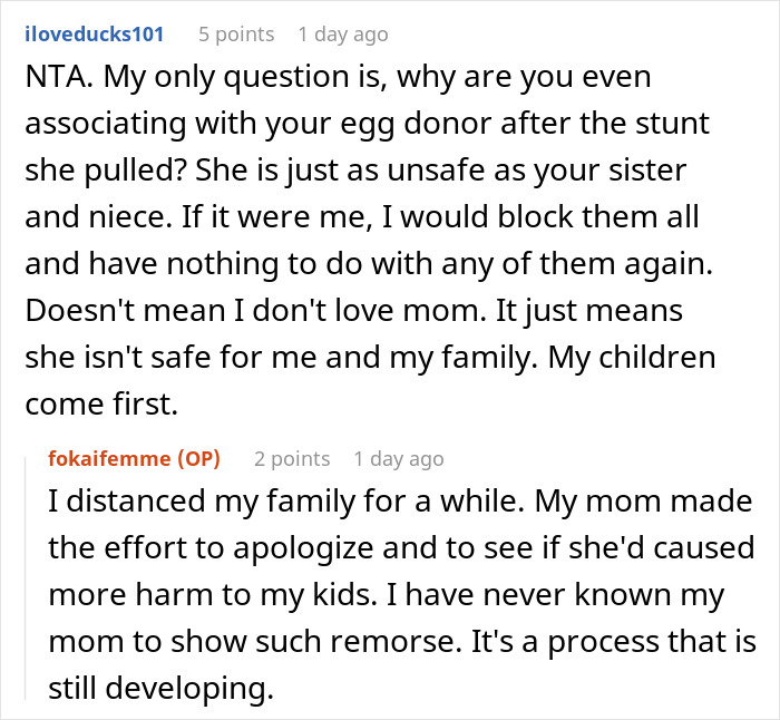 Reddit conversation discussing family conflict and wedding invitation dilemma.