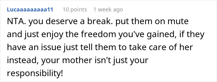 Comment discussing family responsibilities and the mother's care facility decision before holidays. Comment discussing family responsibilities and the mother's care facility decision before holidays.