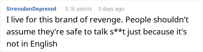 Text comment on revenge after fat-shaming incident, highlighting language assumptions. Text comment on revenge after fat-shaming incident, highlighting language assumptions.