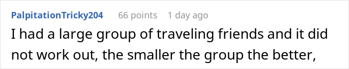 Comment about travel plans with friends, highlighting issues with large group dynamics. Comment about travel plans with friends, highlighting issues with large group dynamics.